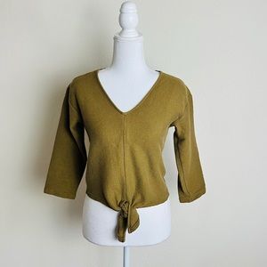 Madewell Olive Army Green Ribbed V-Neck 3/4 Long Sleeve Front Tie Top Blouse